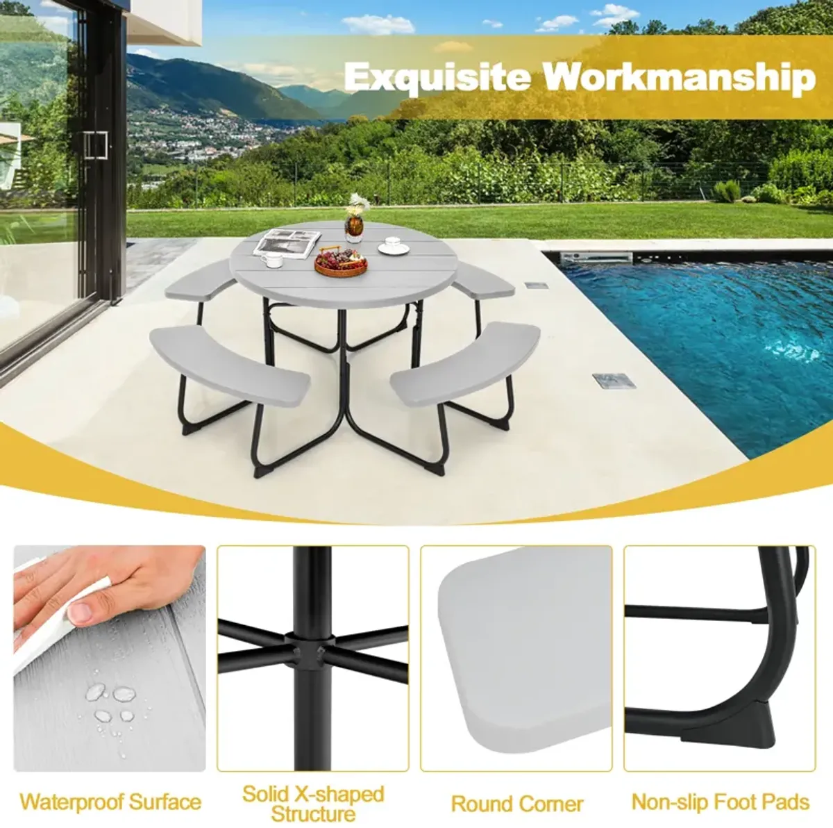 8-Person Outdoor Picnic Table and Bench Set with Umbrella Hole