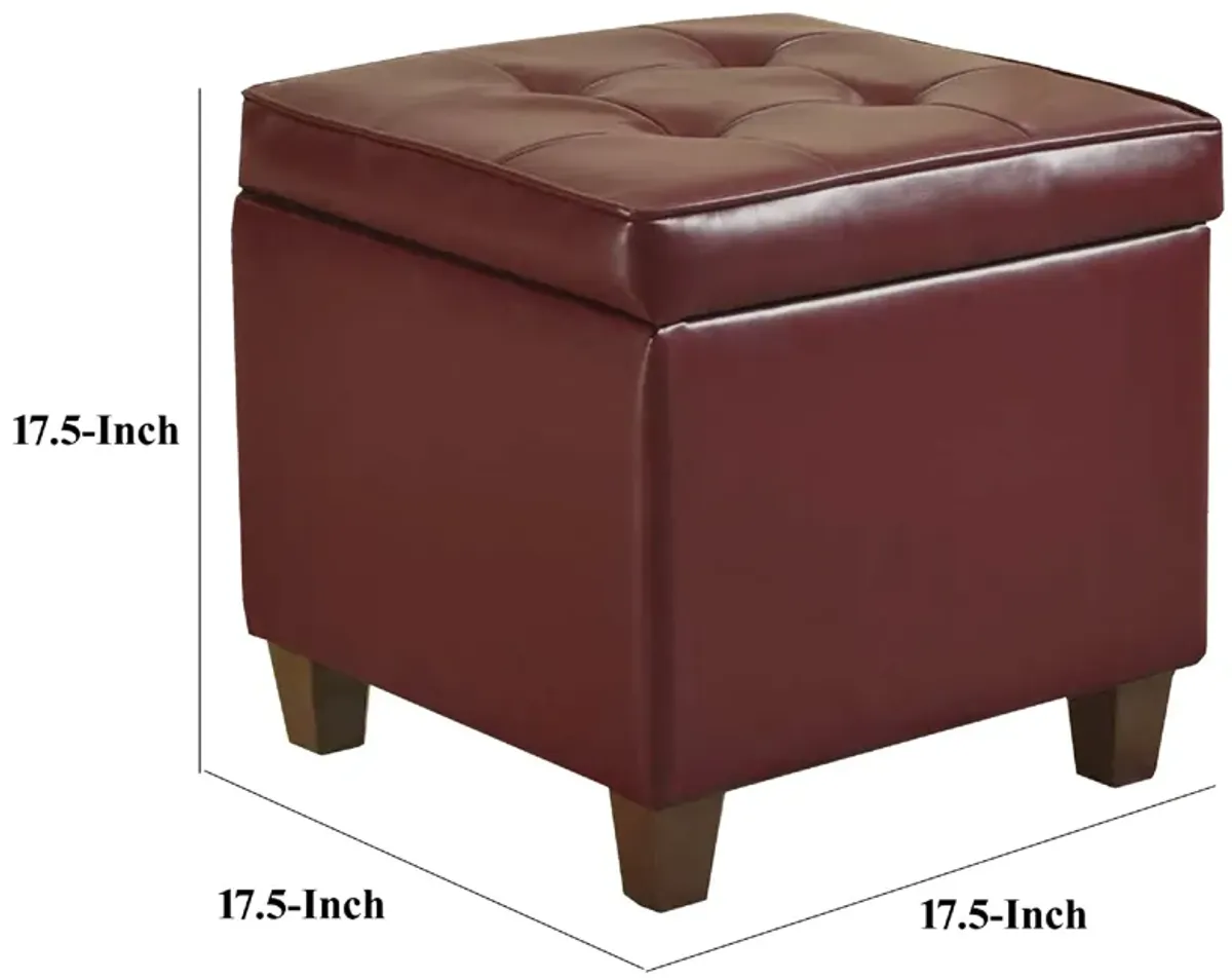 Square Shape Leatherette Upholstered Wooden Ottoman with Tufted Lift Off Lid Storage, Red - Benzara