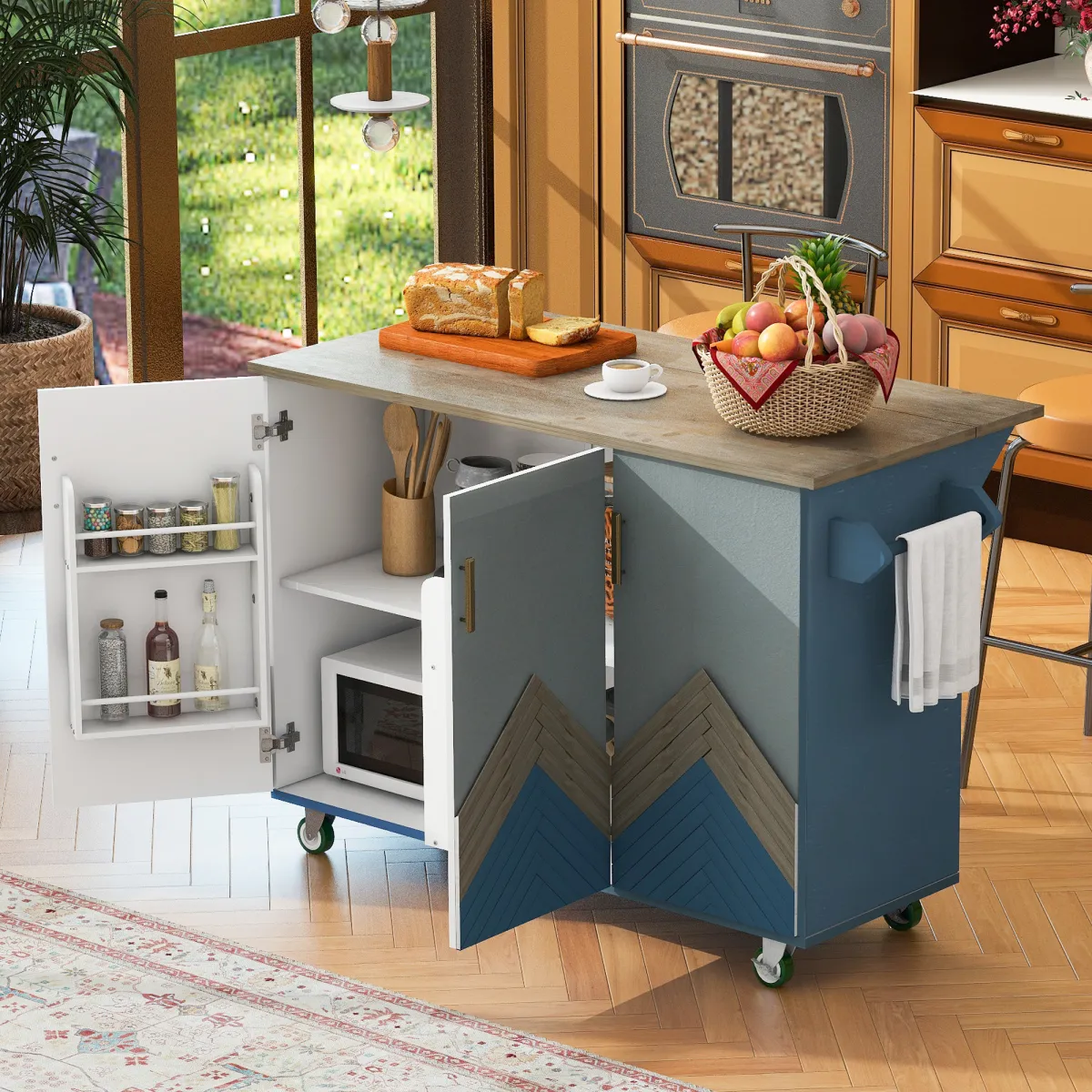 Farmhouse Rolling Kitchen Island With Storage Rack