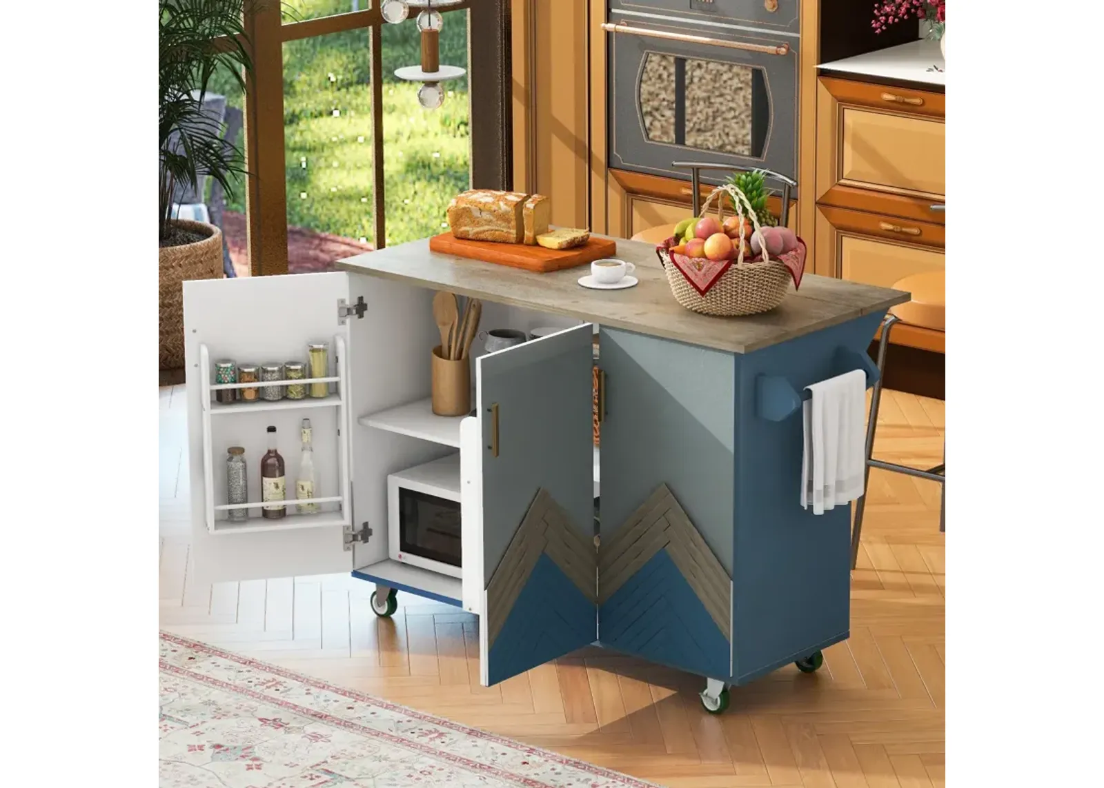 Farmhouse Rolling Kitchen Island With Storage Rack