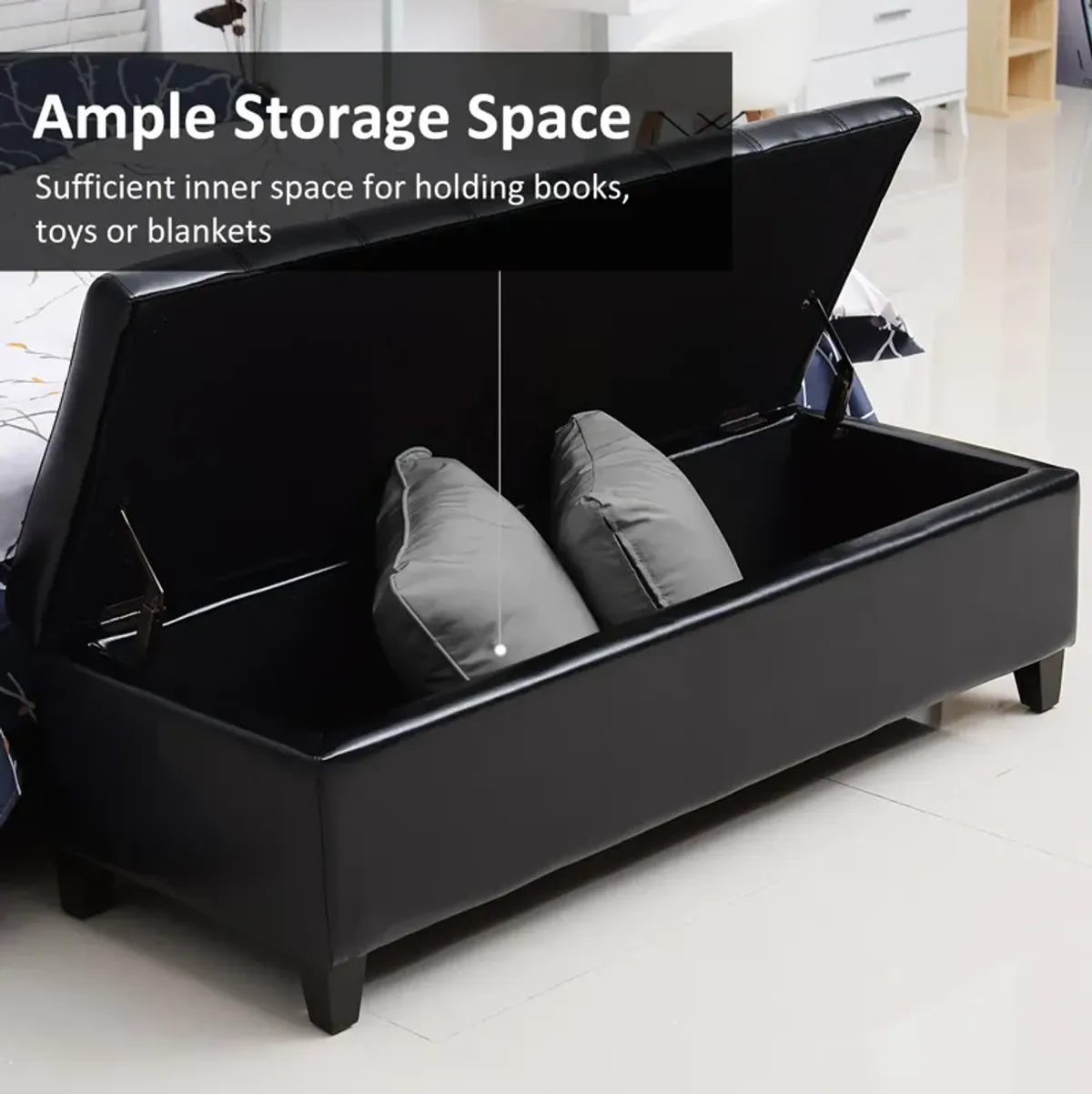 Sleek Ebony Organizer: 51" Black Tufted Faux Leather Storage Ottoman