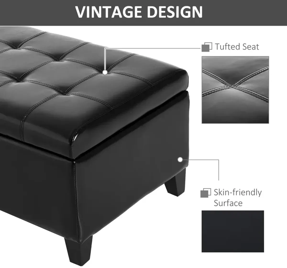 Sleek Ebony Organizer: 51" Black Tufted Faux Leather Storage Ottoman