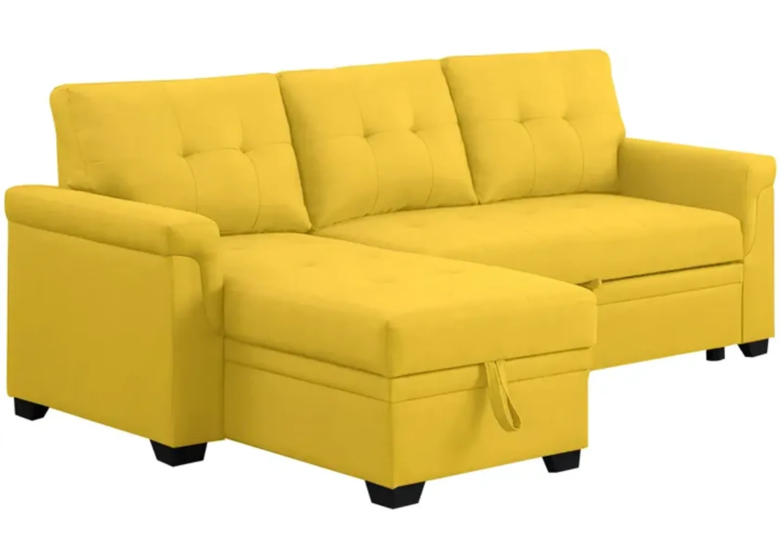 Elliot 84 Inch Sleeper Sectional Sofa with Storage Chaise, Yellow Fabric-Benzara