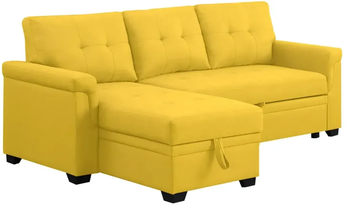 Elliot 84 Inch Sleeper Sectional Sofa with Storage Chaise, Yellow Fabric-Benzara