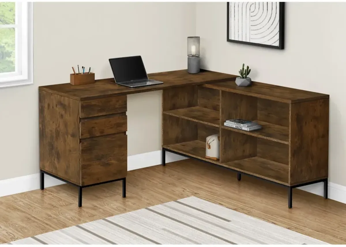 Computer Desk, Home Office, Corner, Storage Drawers, 60"L, L Shape, Work, Laptop, Metal, Laminate, Brown, Black, Contemporary, Modern