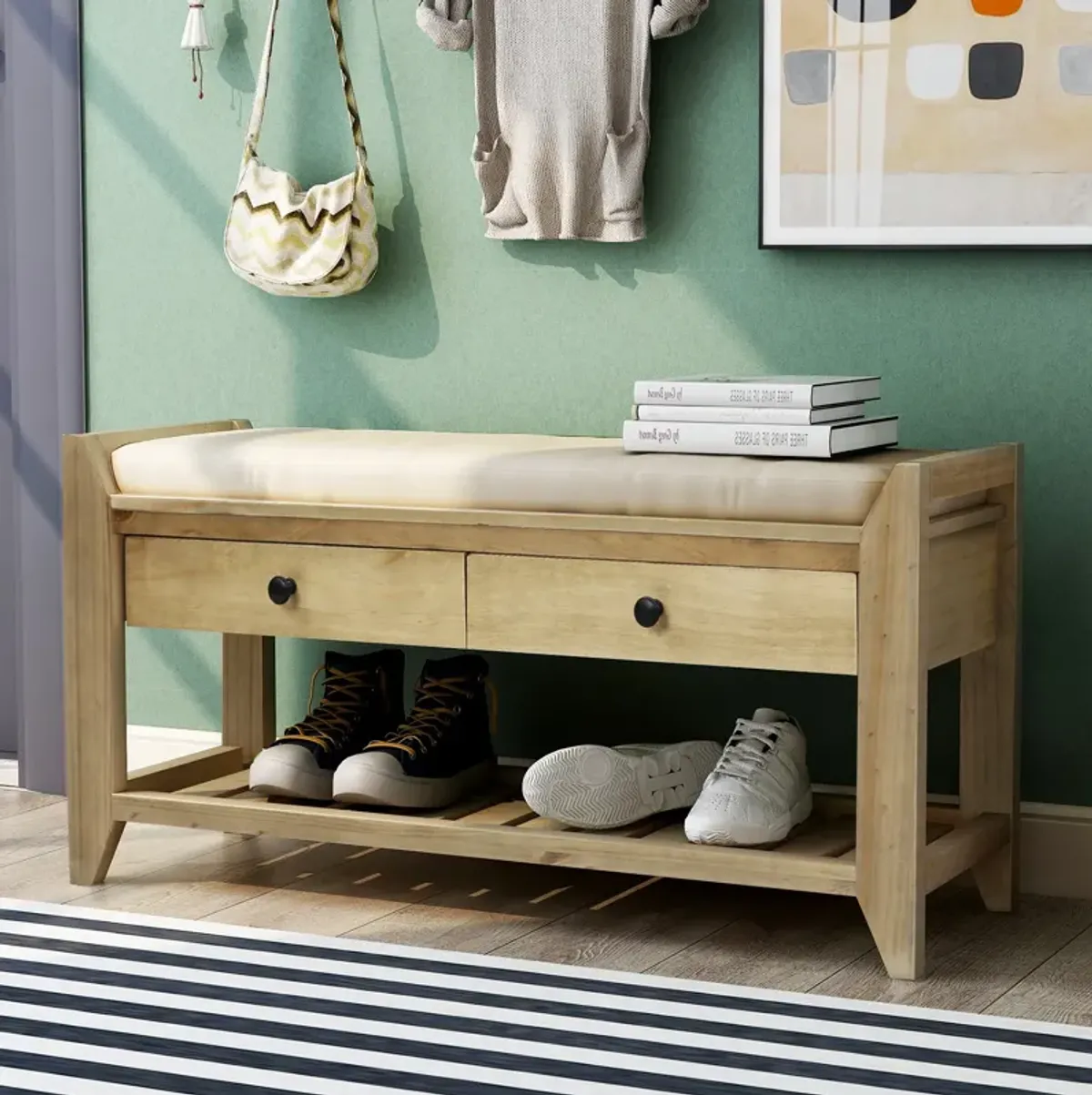 Shoe Rack With Cushioned Seat And Drawers, Multipurpose Entryway Storage Bench