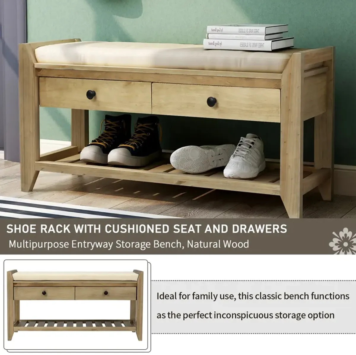 Shoe Rack With Cushioned Seat And Drawers, Multipurpose Entryway Storage Bench