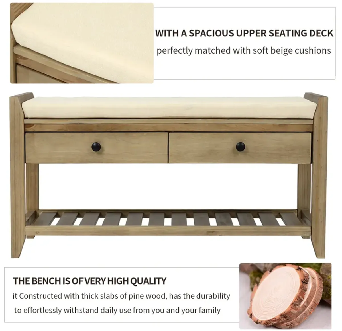 Shoe Rack With Cushioned Seat And Drawers, Multipurpose Entryway Storage Bench