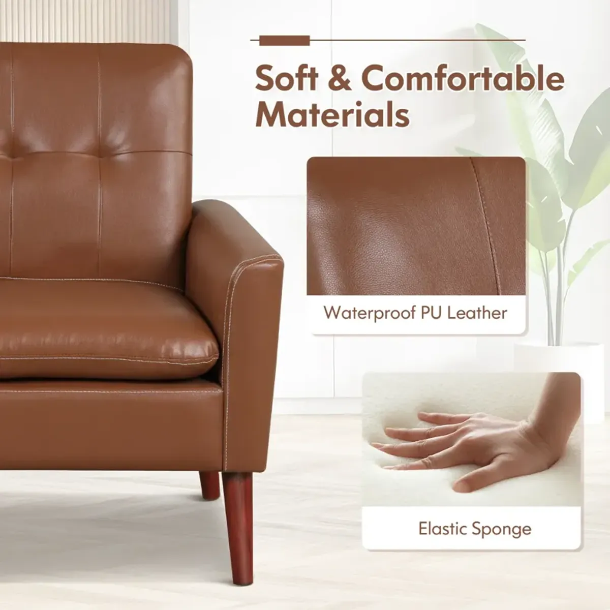 Modern PU Leather Accent Chair with Solid Wood Legs-Brown