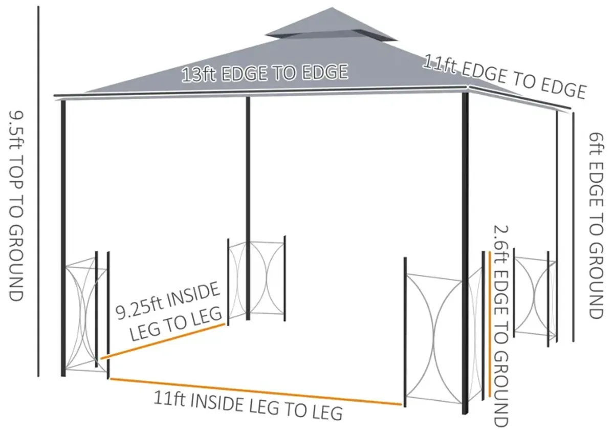 Gray Outdoor Pavilion: 13x11 Double Roof Gazebo with Removable Netting