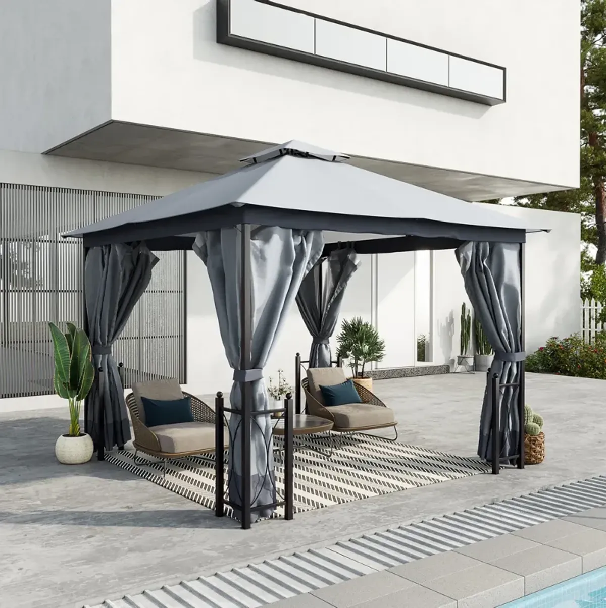 Gray Outdoor Pavilion: 13x11 Double Roof Gazebo with Removable Netting