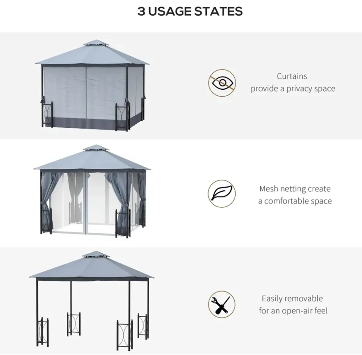 Gray Outdoor Pavilion: 13x11 Double Roof Gazebo with Removable Netting