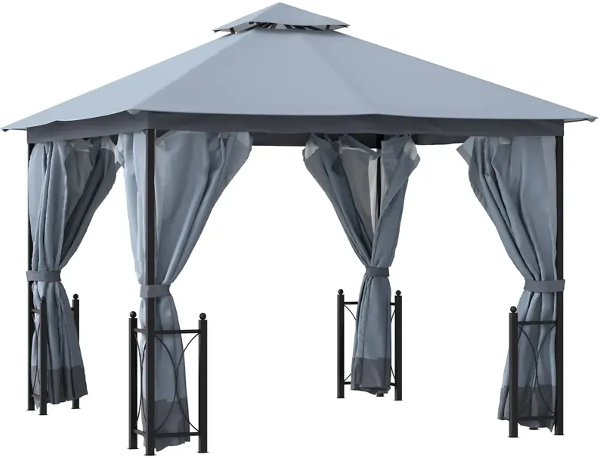 Gray Outdoor Pavilion: 13x11 Double Roof Gazebo with Removable Netting