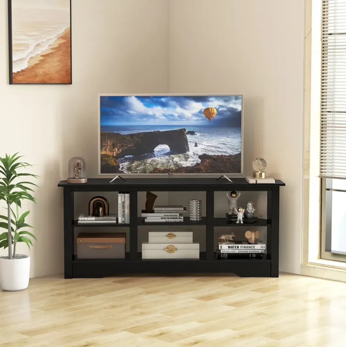 58 Inch TV Stand with 6 Open Storage Shelves for TVs up to 65 Inches-Black