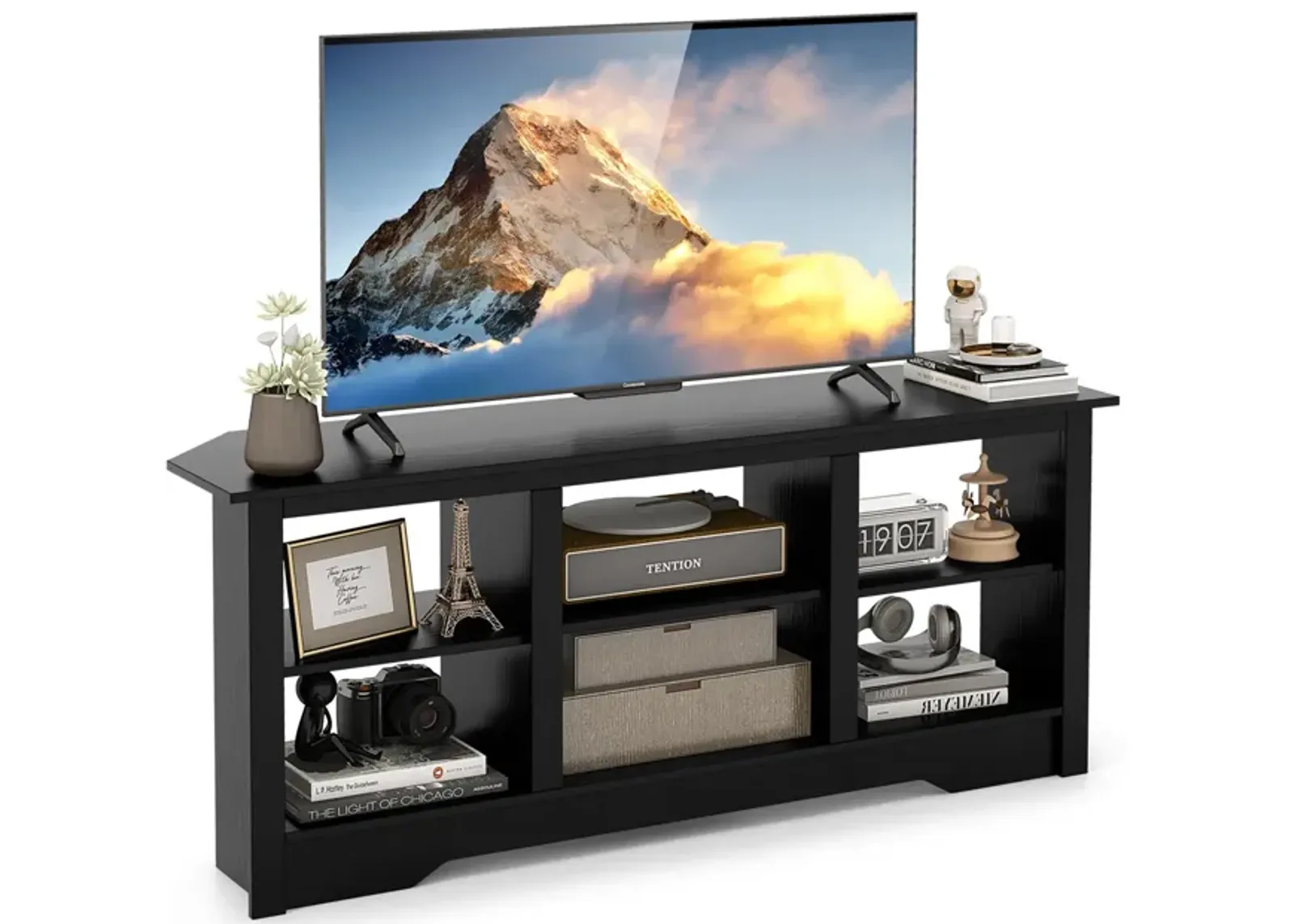 58 Inch TV Stand with 6 Open Storage Shelves for TVs up to 65 Inches-Black