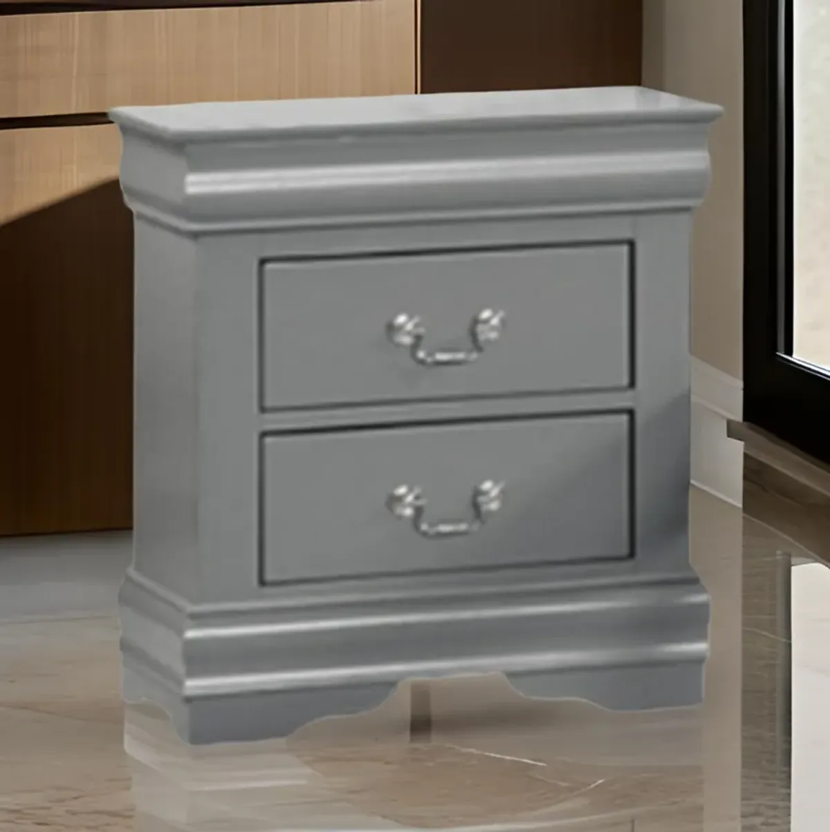 Ryla Nightstand, 2 Drawers, Light Gray Solid Wood, Nickel Drop Handles