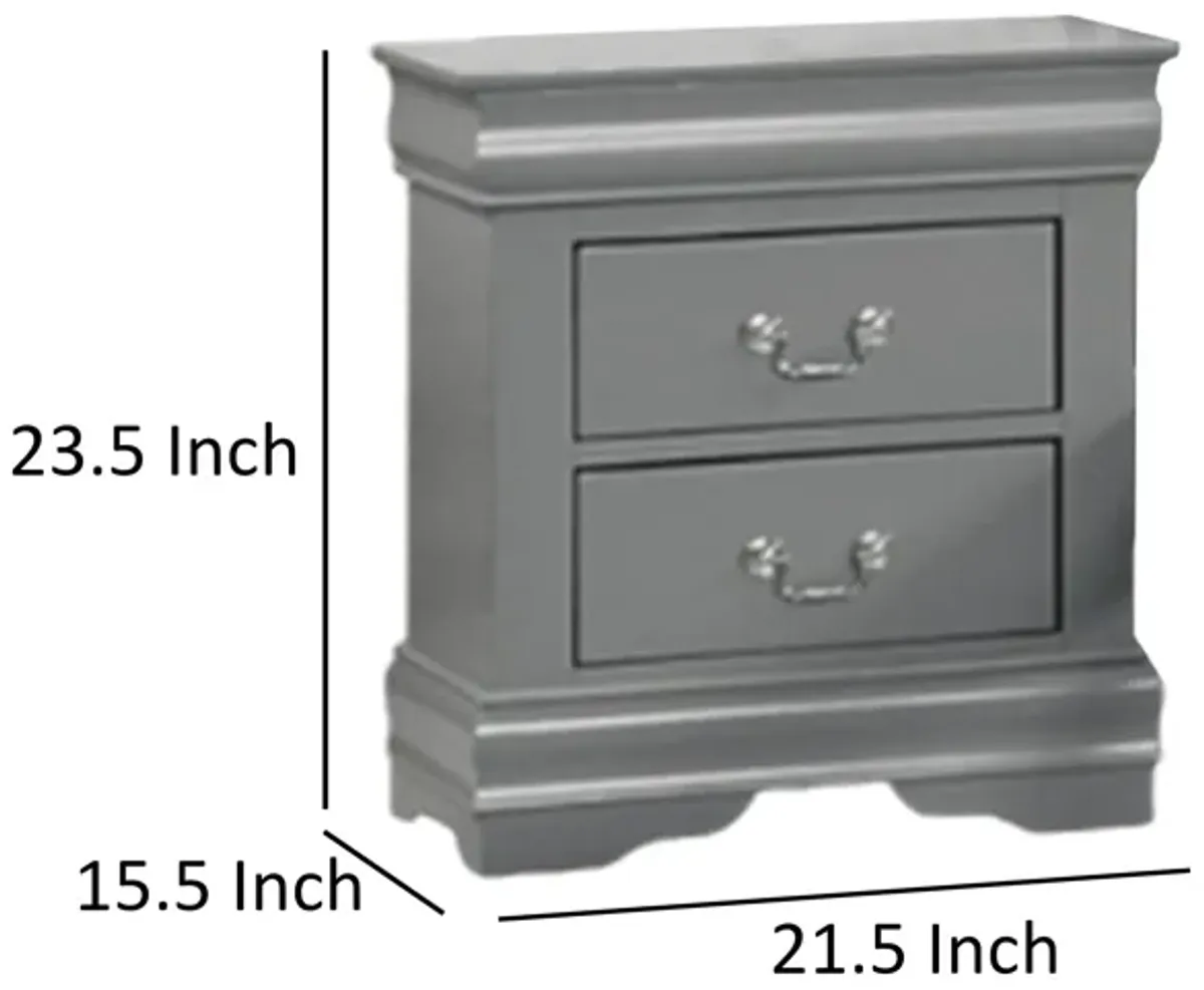 Ryla Nightstand, 2 Drawers, Light Gray Solid Wood, Nickel Drop Handles