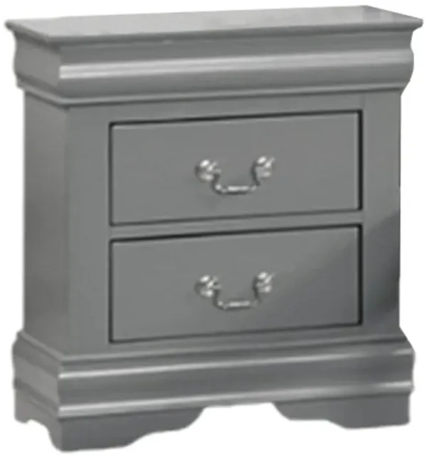 Ryla Nightstand, 2 Drawers, Light Gray Solid Wood, Nickel Drop Handles - Benzara