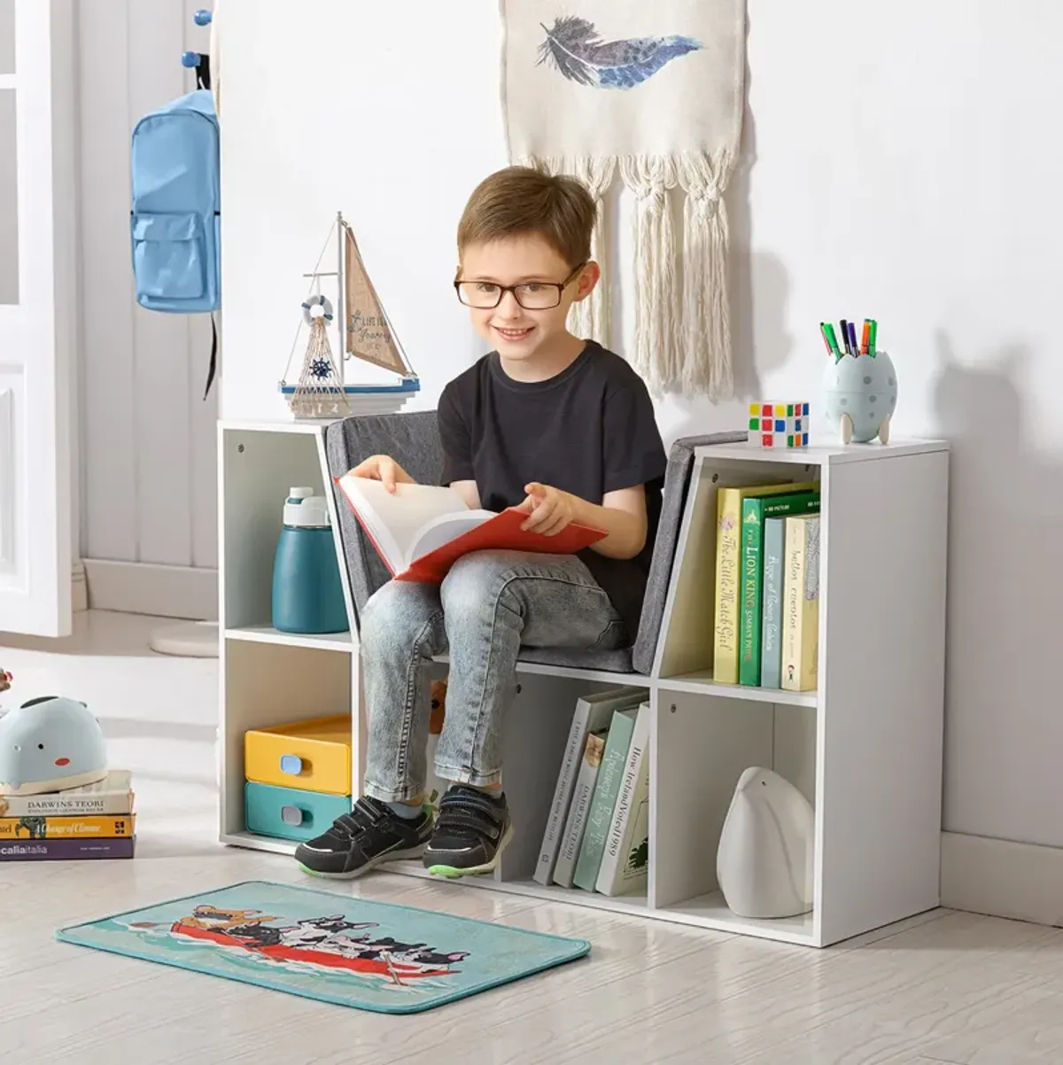 White Kids' Organizer: 6-Cubby Wooden Bookshelf with Cushion