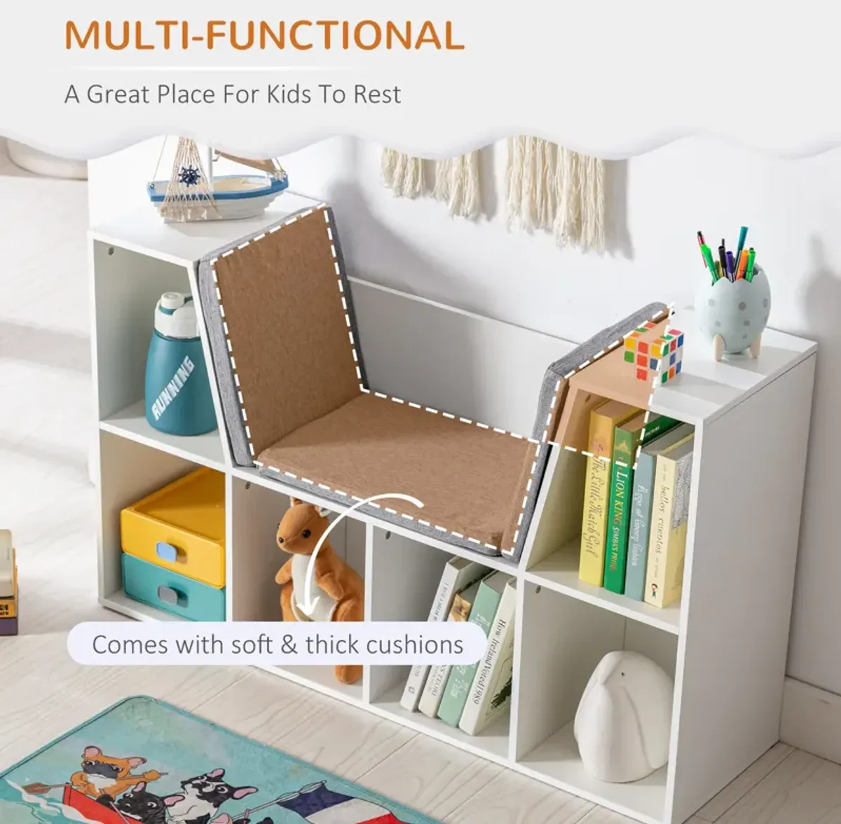 White Kids' Organizer: 6-Cubby Wooden Bookshelf with Cushion