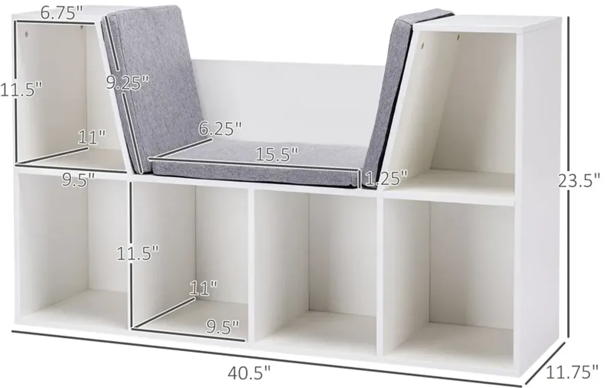 White Kids' Organizer: 6-Cubby Wooden Bookshelf with Cushion