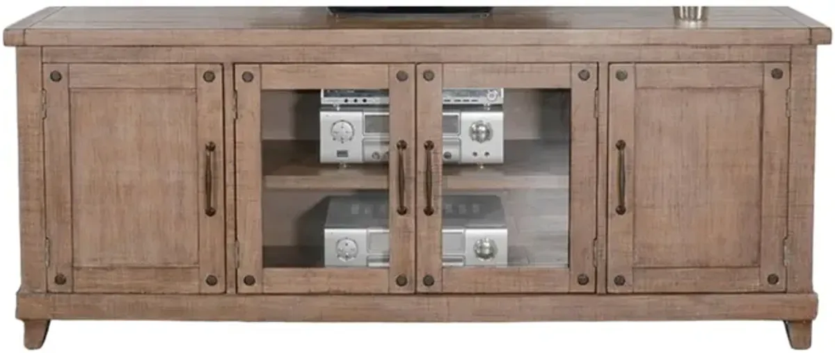 Anva TV Media Console, Shelves, Doors, Light Brown Mahogany, 74 Inch - Benzara