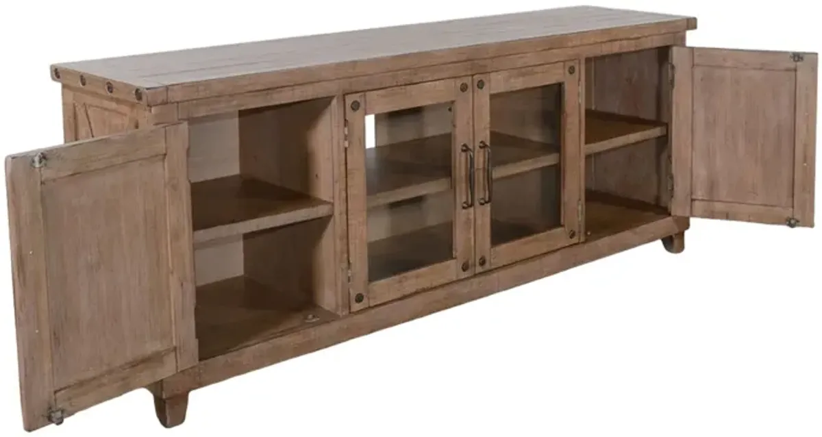 Anva TV Media Console, Shelves, Doors, Light Brown Mahogany, 74 Inch - Benzara