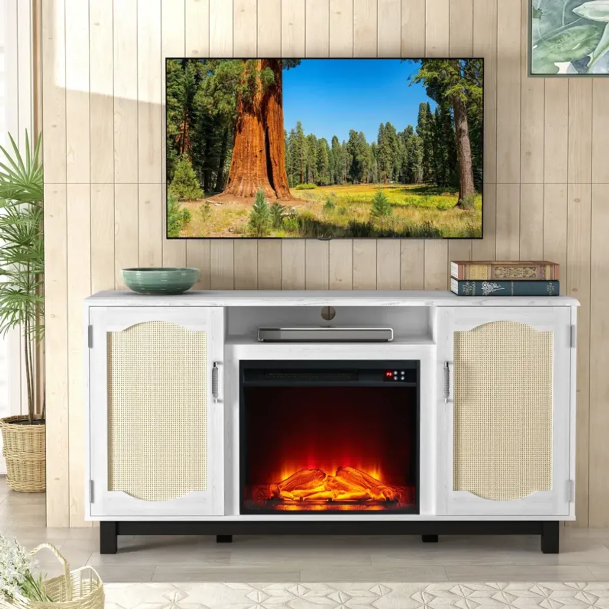 FESTIVO Rustic 63" Entertainment Center w/ Fireplace for TVs up to 65"