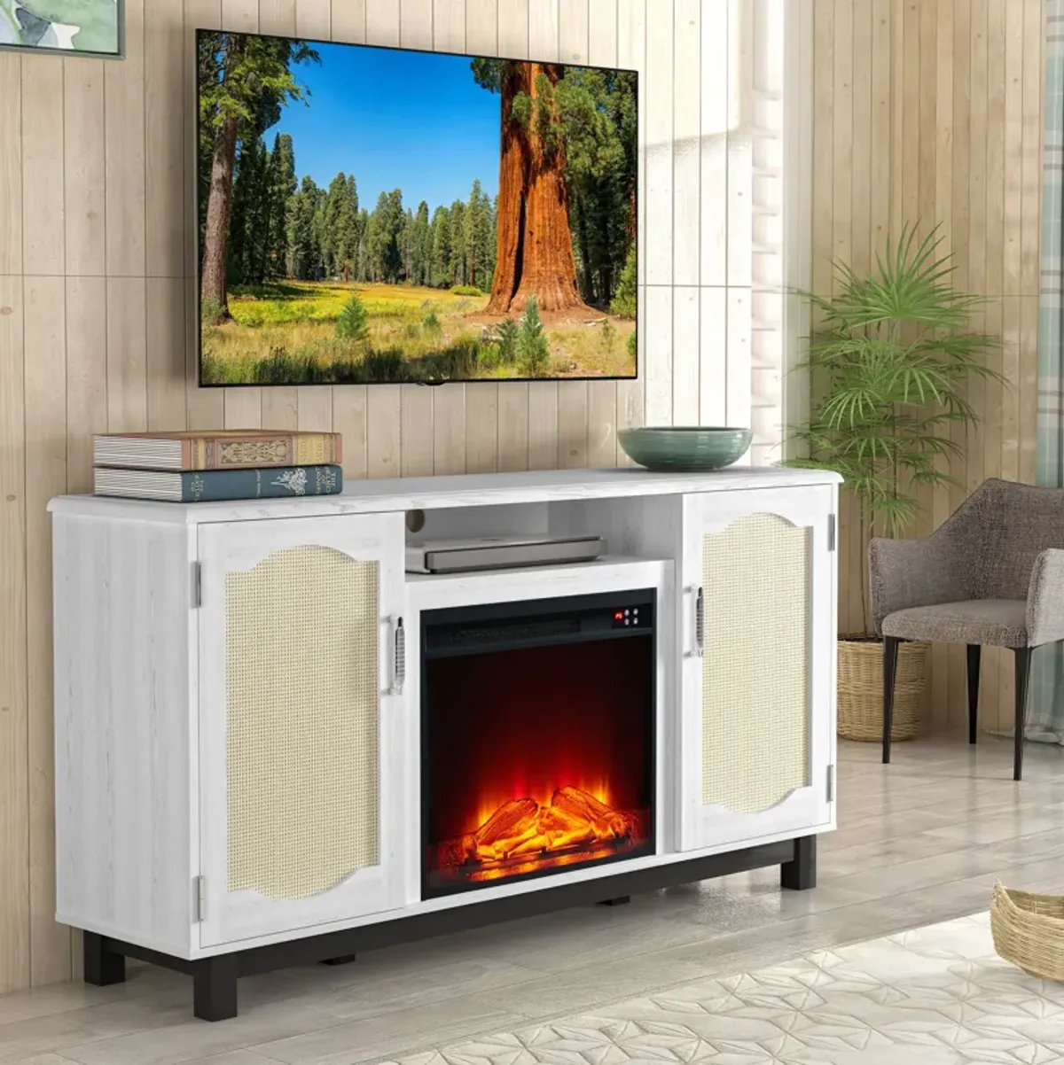 FESTIVO Rustic 63" Entertainment Center w/ Fireplace for TVs up to 65"