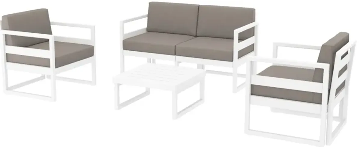 4 Piece White Outdoor Patio Lounge Set with Taupe Sunbrella Cushion 54.5"