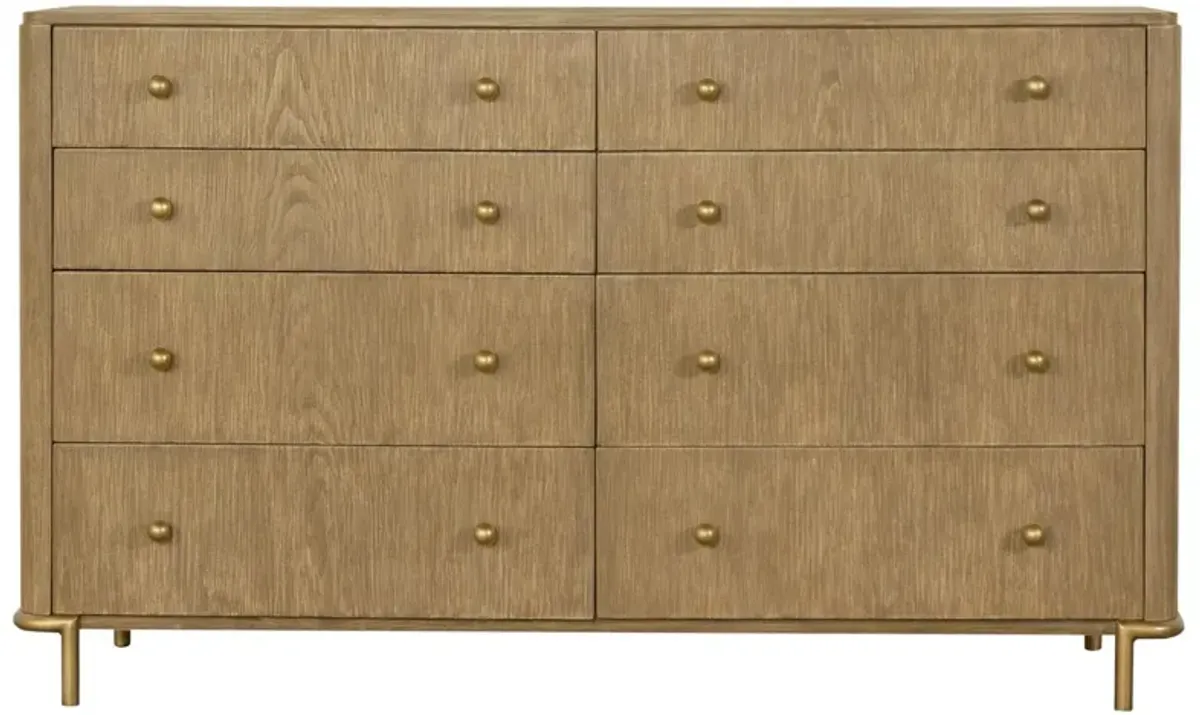 Benjara Sea 63 Inch Modern Dresser with 8 Drawers, Slender Legs, Natural Brown Wood