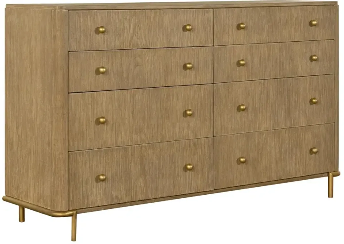 Benjara Sea 63 Inch Modern Dresser with 8 Drawers, Slender Legs, Natural Brown Wood