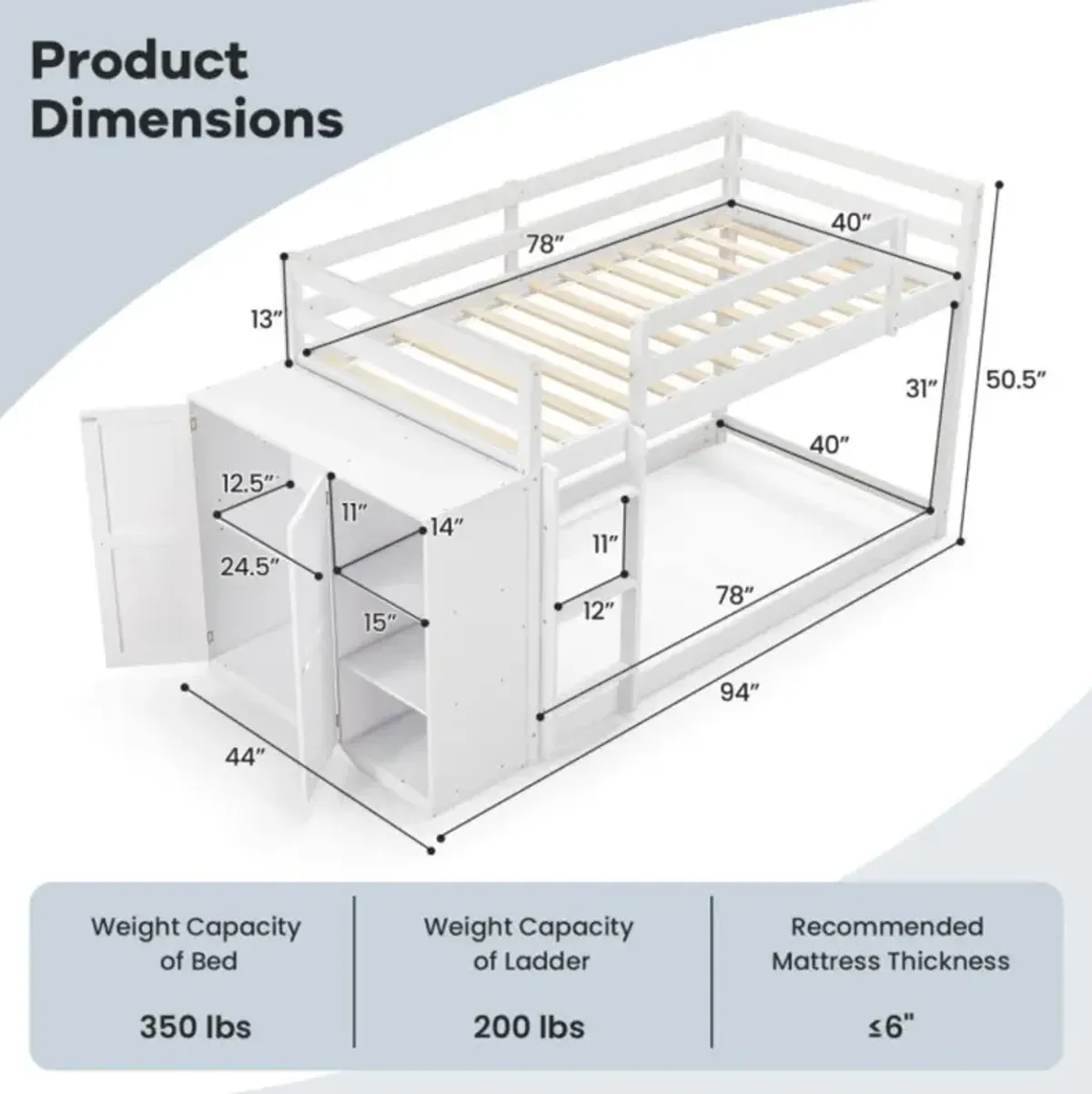 Hivvago Twin Size Bunk Bed with Convertible Bookcase and Ladder-White