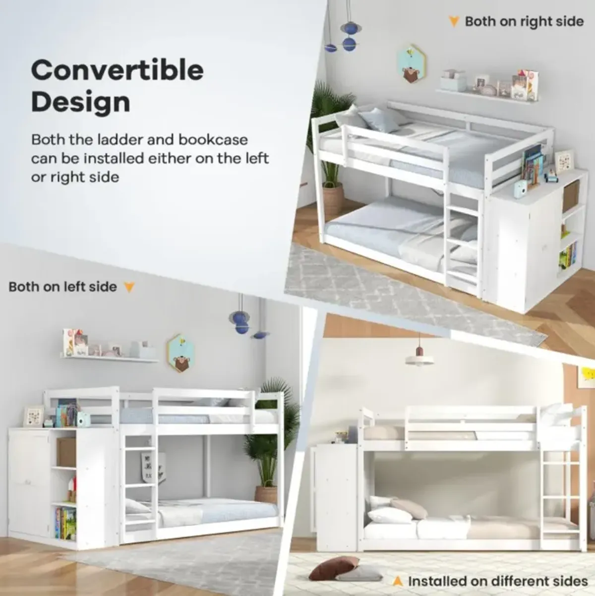 Hivvago Twin Size Bunk Bed with Convertible Bookcase and Ladder-White