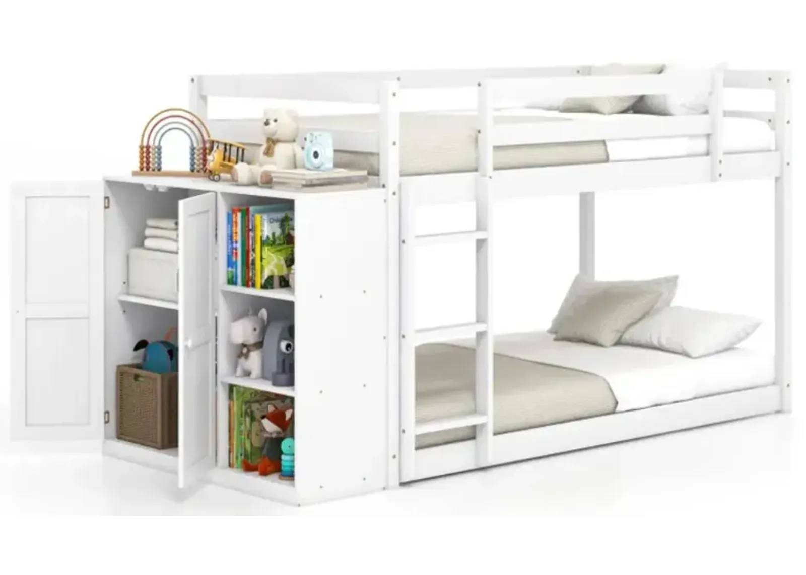 Hivvago Twin Size Bunk Bed with Convertible Bookcase and Ladder-White