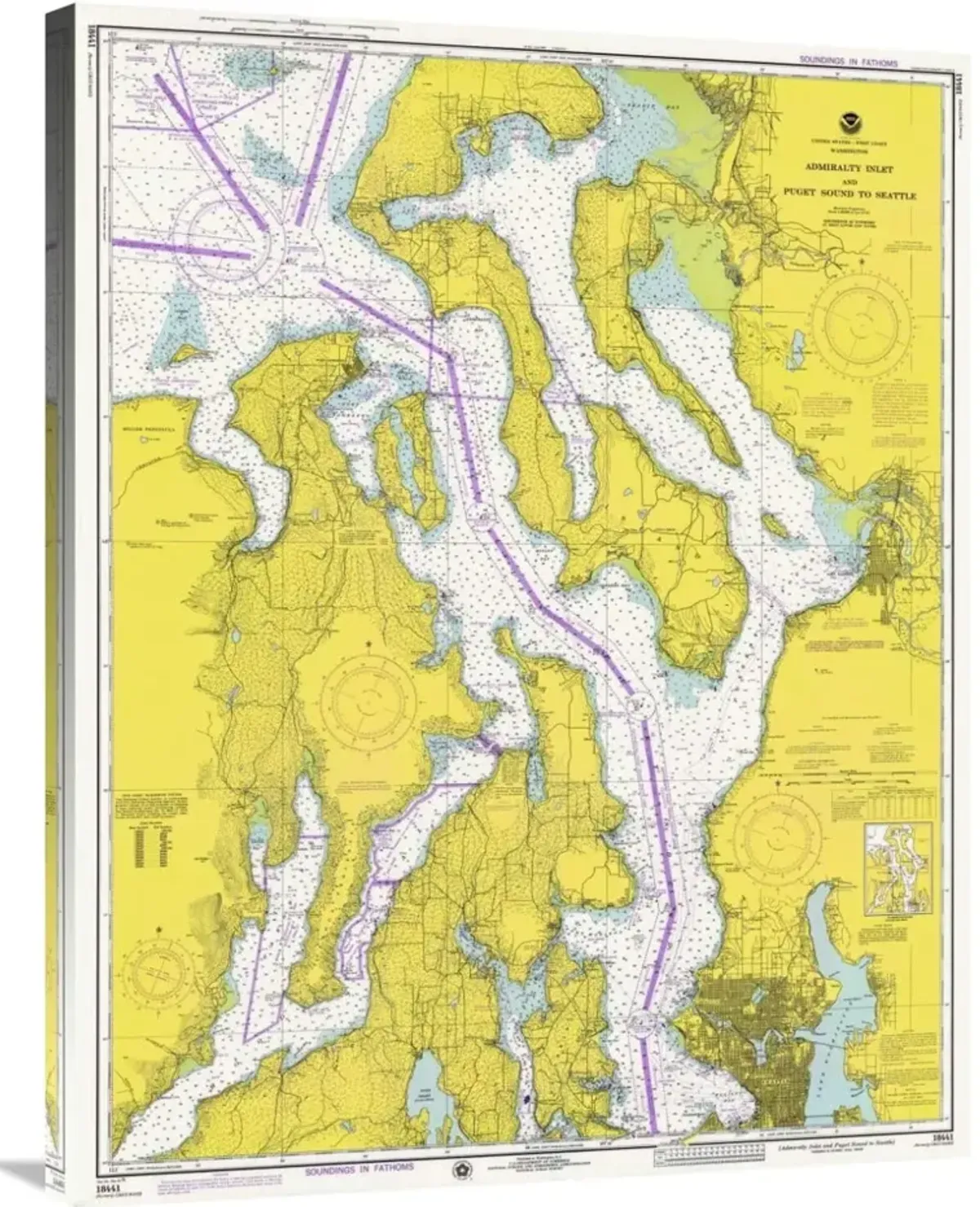 Nautical Chart - Admiralty Inlet and Puget Sound to Seattle ca. 1975-Canvas Art-28.44x36