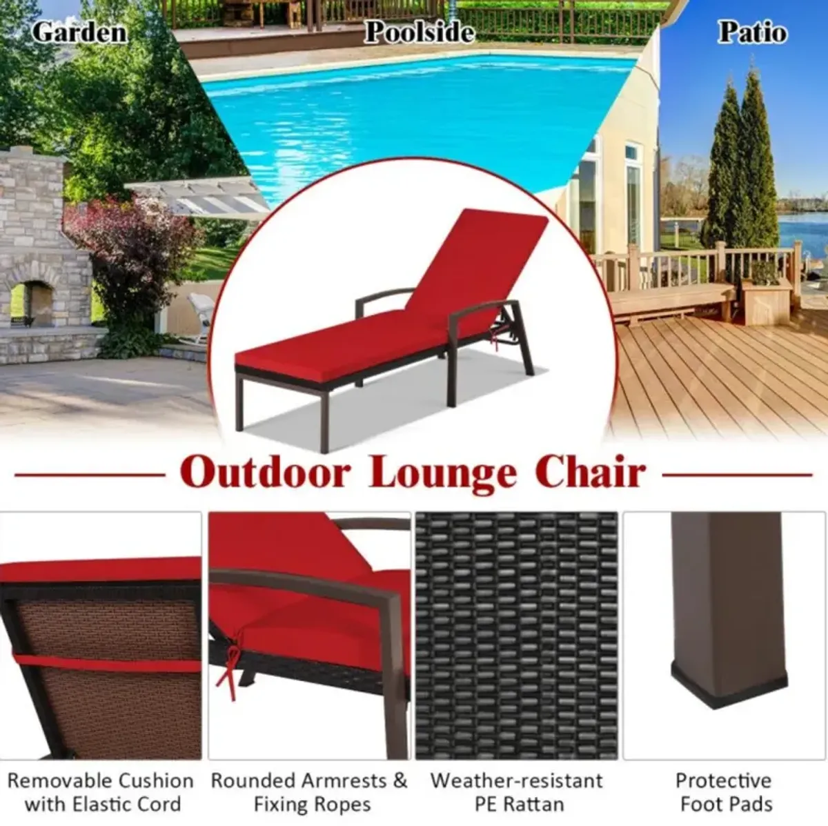 Hivvago Outdoor Adjustable Reclining Patio Rattan Lounge Chair with Adjustable Backrest