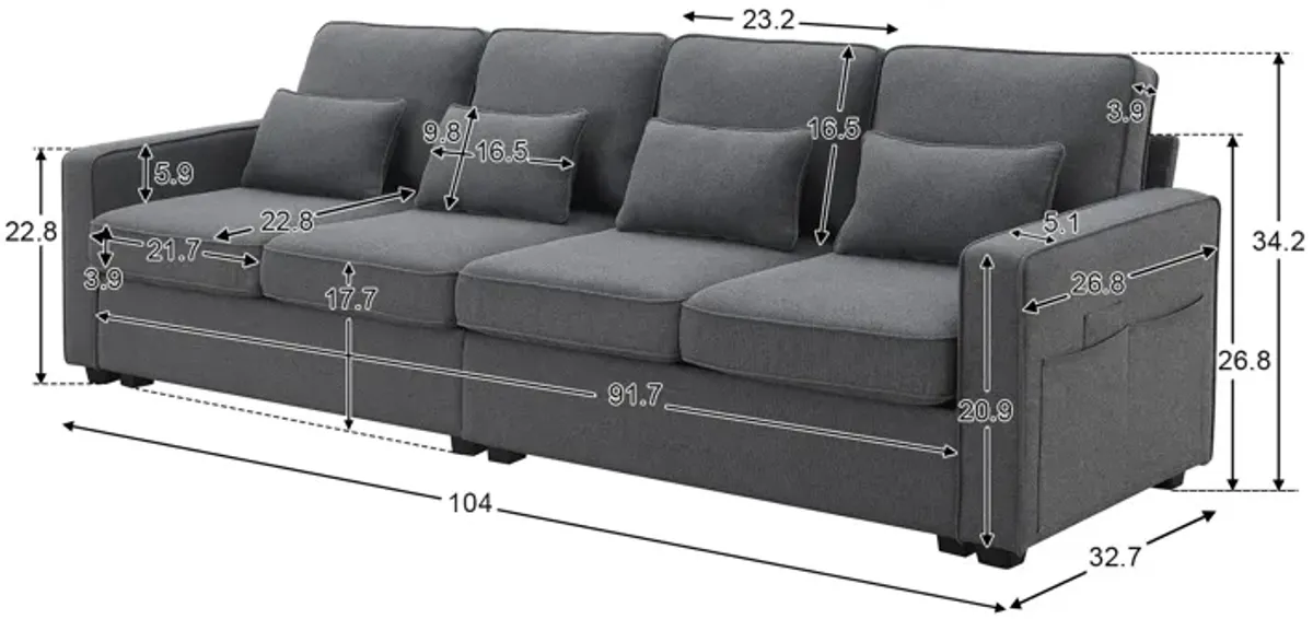 MONDAWE 4-Seater Modern Linen Fabric Sofa with Armrest Pockets and 4 Pillows,Minimalist Style Couch for Living Room, Apartment, Office