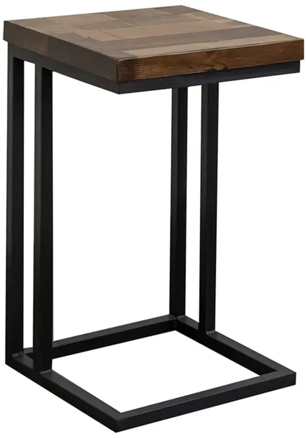 Tina Side End Table, Square Brown 15 Inch Wood Top, C Shape, Black Metal - Benzara