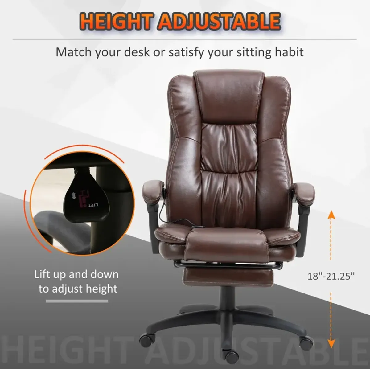 Brown Massage Office Chair: 6-Point Vibrating Ergonomic Chair with Footrest