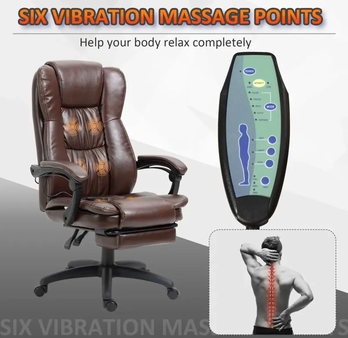 Brown Massage Office Chair: 6-Point Vibrating Ergonomic Chair with Footrest