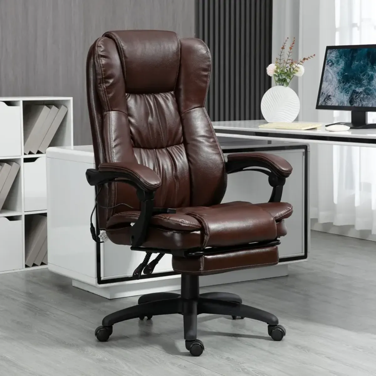 Brown Massage Office Chair: 6-Point Vibrating Ergonomic Chair with Footrest