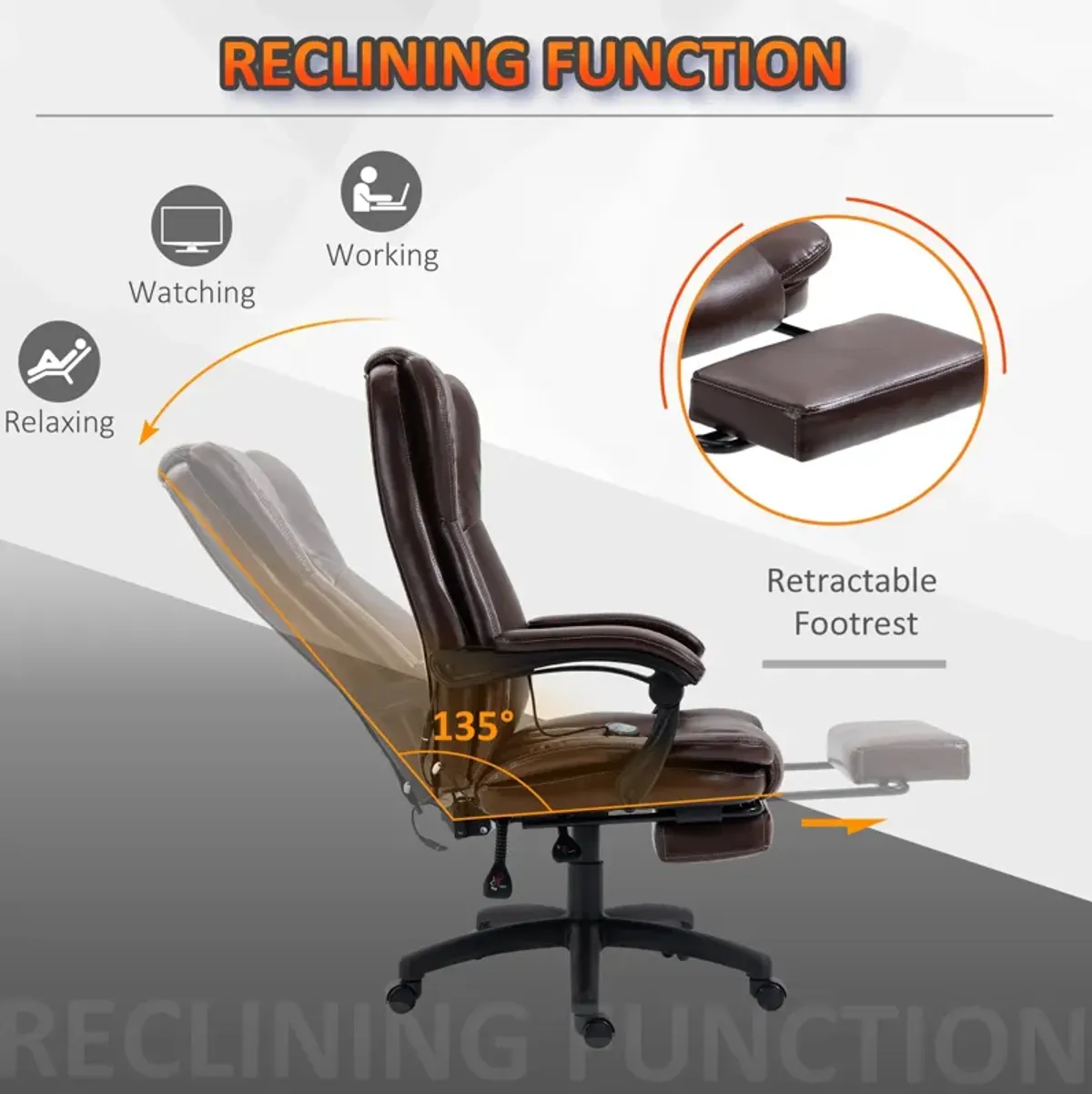 Brown Massage Office Chair: 6-Point Vibrating Ergonomic Chair with Footrest