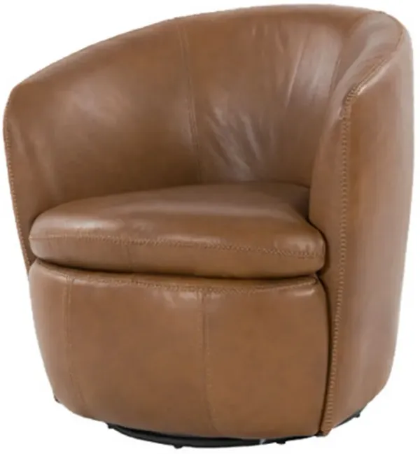 Niko Swivel Accent Chair, Round Barrel Design, Brown Top Grain Leather -