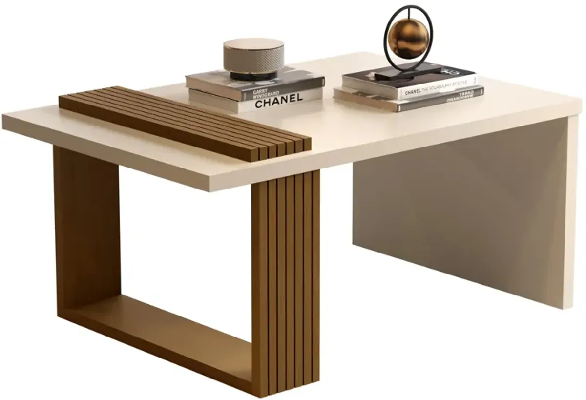 32 Off White and Brown Mod Manufactured Wood Rectangular Coffee Table