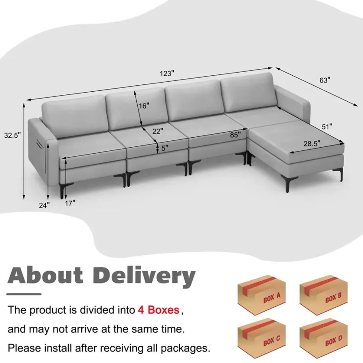 Costway Modular L-shaped Sectional Sofa with  Reversible Chaise & 4 USB Ports