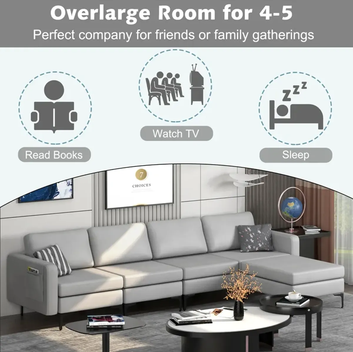 Costway Modular L-shaped Sectional Sofa with  Reversible Chaise & 4 USB Ports