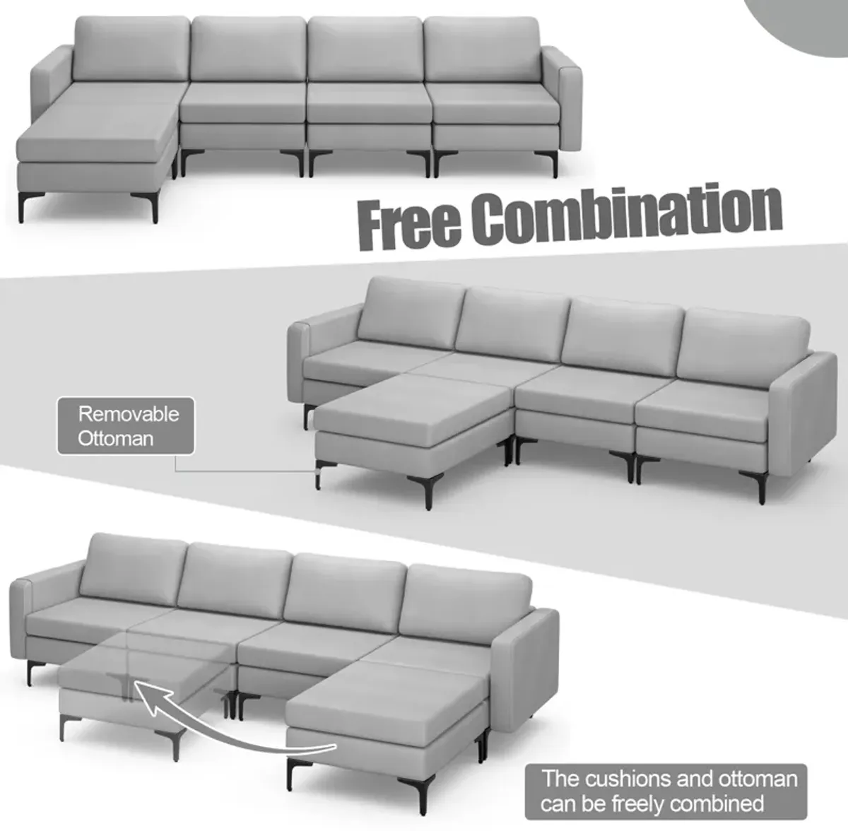 Costway Modular L-shaped Sectional Sofa with  Reversible Chaise & 4 USB Ports