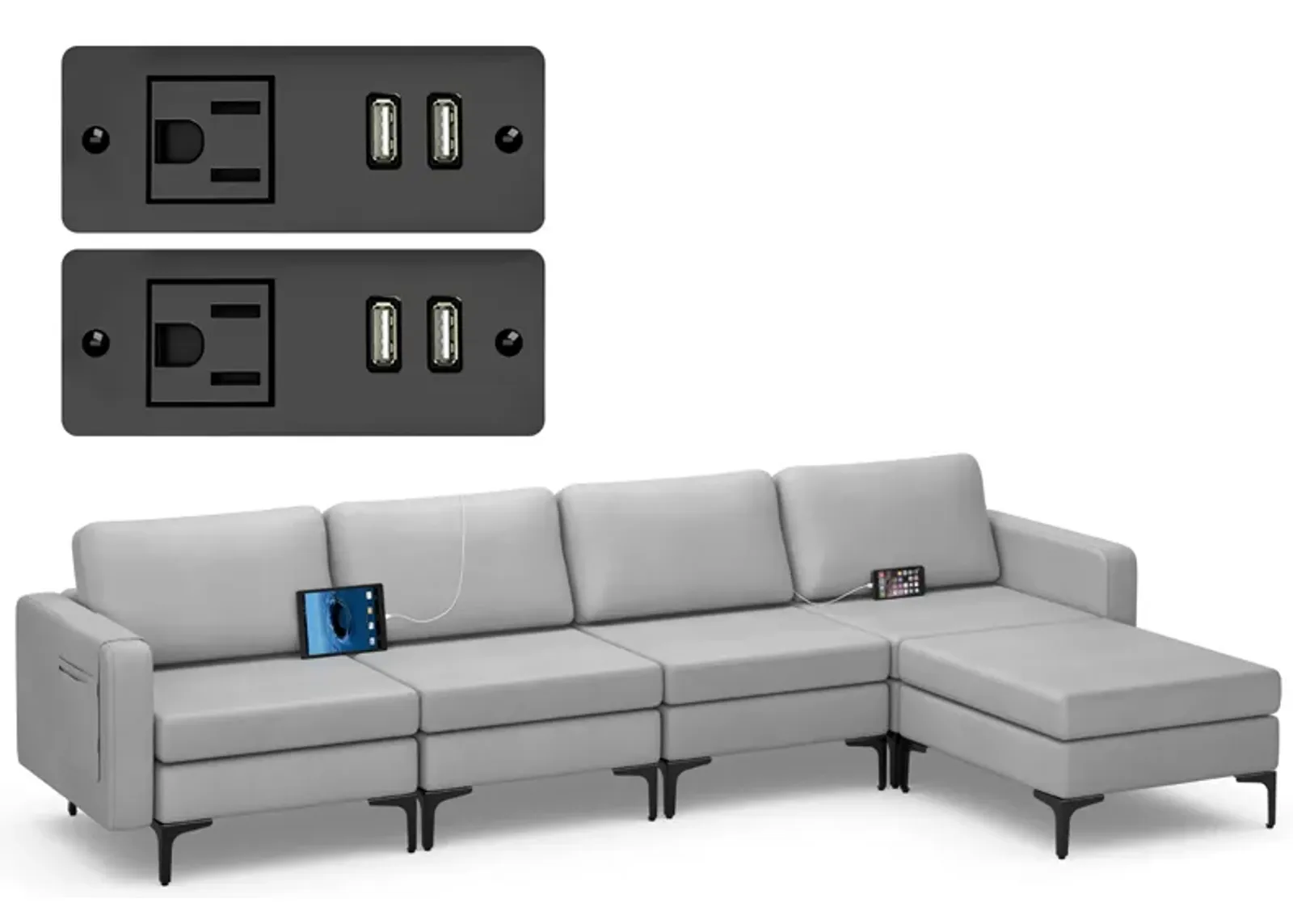 Costway Modular L-shaped Sectional Sofa with  Reversible Chaise & 4 USB Ports