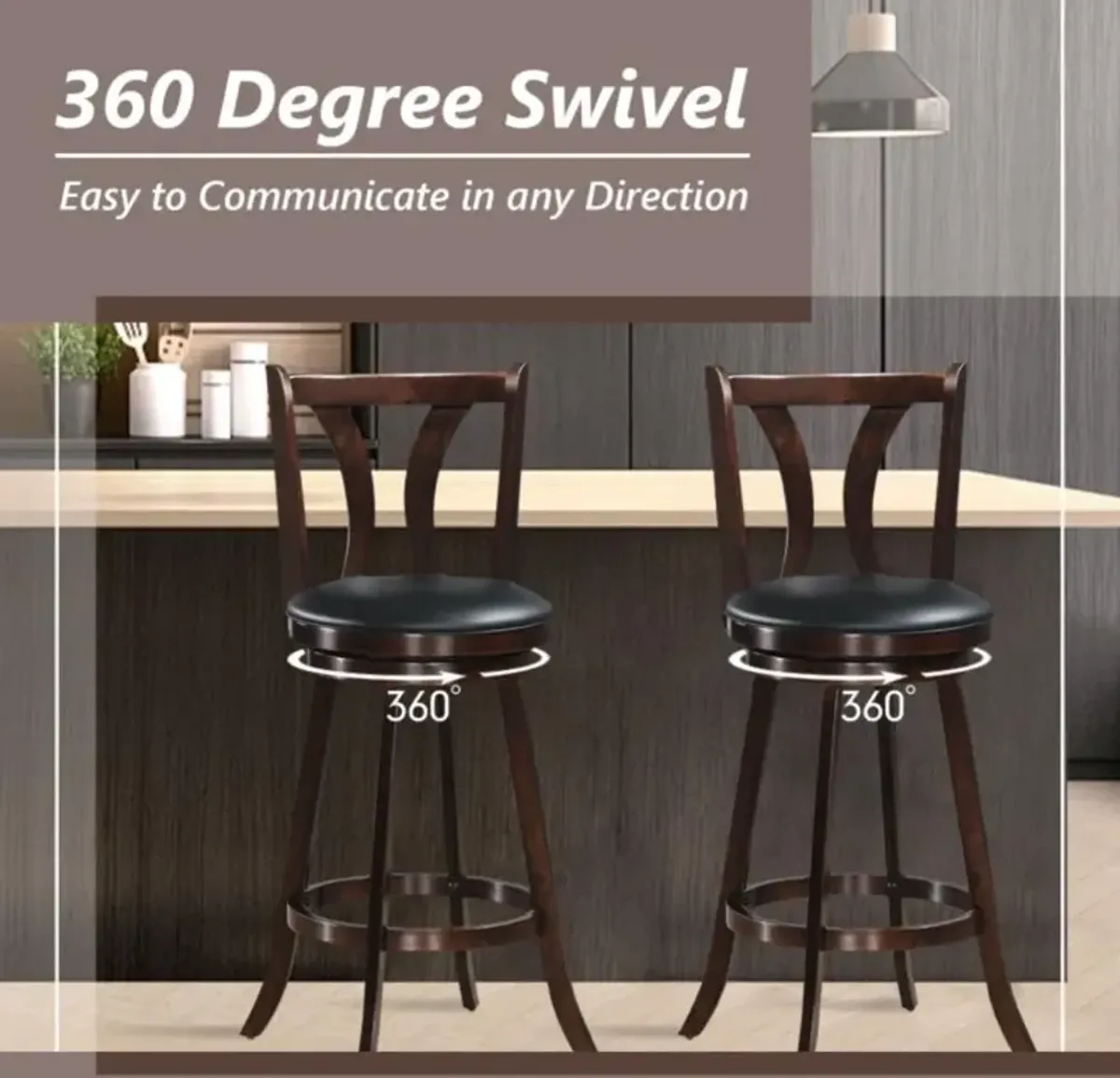 Hivvago 24/29.5 Inch Set of 2 Swivel Bar Stools Bar Height Chairs with Rubber Wood Legs